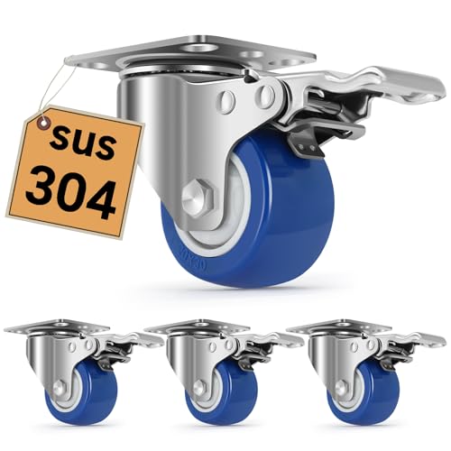 Nefish Stainless Steel Castor Wheels 2 Inch with Brake,Washable 304 Heavy Duty Casters Set of 4, Anti-Corrosion Stainless Steel Industrial Caster for Furniture,Toolbox,Restaurants,Outdoor - style: 2 INCH