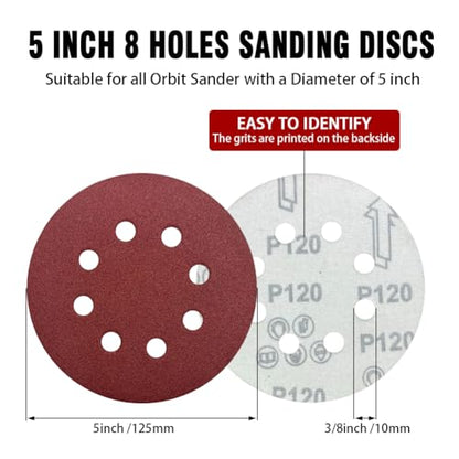 52 Pack 5 Inch 8-Hole Hook and Loop Sanding Discs Sandpaper Red Round 60 80 120 220 320 Mixed Grits Sandpaper for Random Orbital Sander - style: Mixed Grits 52-Pack