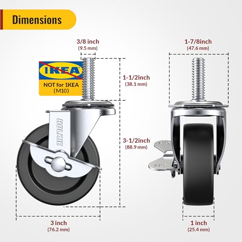 HOLKIE Stem Casters Wheels Set of 4 Standard US 3/8"-16 x 1-1/2" with Brake - style: Black-With all brake