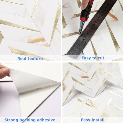 STICKGOO Herringbone Tile Peel and Stick Backsplash for Kitchen&Bathroom - color: Calacatta Marble Mixed Light Gold