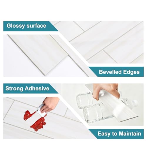 Vamos Tile Peel and Stick Backsplash, Glossy 40-Piece 3''x12'' Subway Tile - color: Dolomite White with White Grout