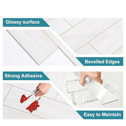 Vamos Tile Peel and Stick Backsplash, Glossy 40-Piece 3''x12'' Subway Tile - color: Dolomite White with White Grout