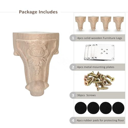Wooden Furniture Legs with Mounting Plates Screws Set of 4 4 Inch Solid Wood Unfinished Rose European Style Replacement Furniture Feet for Couch Cabinet Sofa Ottoman TV Stand Home DIY Projects (4inch)