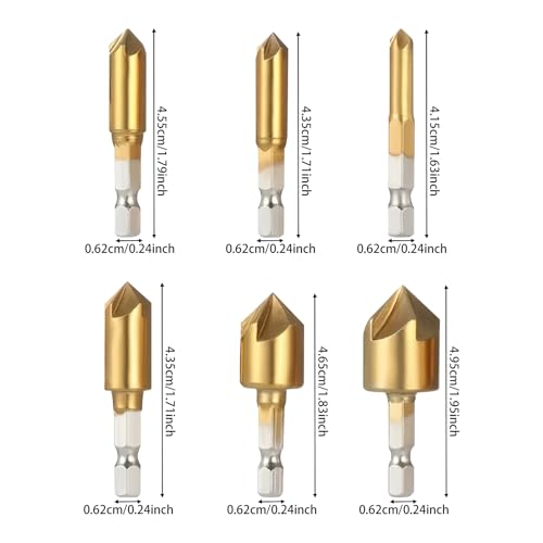 Countersink Drill Bit Set 6Pcs Titanium Coated Chamfer Bits with Hex Shank, 90-Degree 5-Flute Woodworking Metal Drilling Tool Kit for DIY Furniture Repair, Imperial Sizes 1/4 to 3/4 Inch