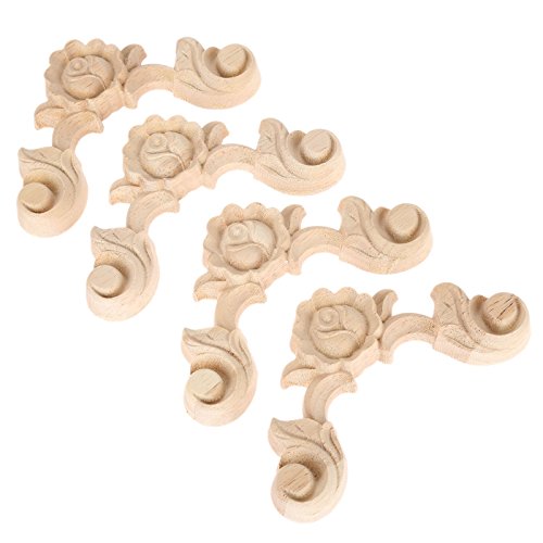 Rose Carved Appliques Onlays, 4Pcs Unpainted Wood Carvings Decals - size: 9x9cm/3.54"x3.54"