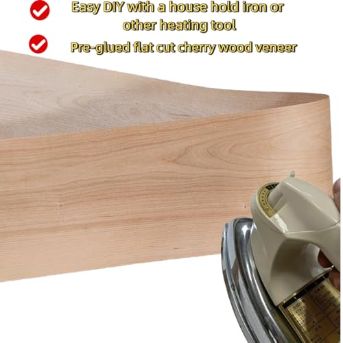 Cherry Wood Veneer Sheet,Flat Cut,8.5''x 98'',Iron On Stick Veneer Roll Without Paper,Pre-glued Hot Melt Self Adhesive Cherry Tape for Cabinet Furniture Plywood Laminate Speaker Renovation - color: Cherry
