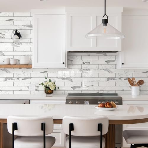 Vamos Tile Peel & Stick Backsplash on Subway Tile,40-Pack 3''x12'',Glossy - color: Statury White with Dark Gray Grout