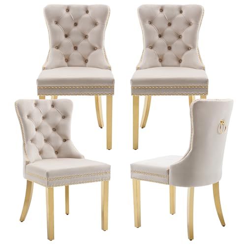 Beige Velvet Dining Chairs Set of 4, Elegant Tufted & Nailhead, Gold Legs - color: Beige, Golden Steel Leg, size: set of 4