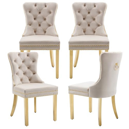 Beige Velvet Dining Chairs Set of 4, Elegant Tufted & Nailhead, Gold Legs - color: Beige, Golden Steel Leg, size: set of 4
