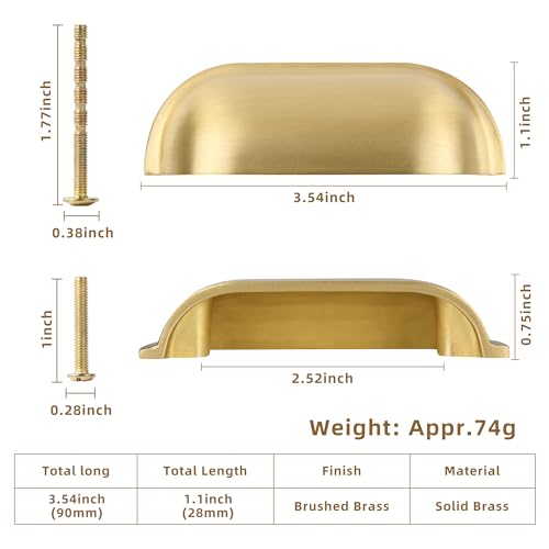 SALISENG-Brushed Matt Gold Cup Kitchen Drawer Pulls 2 Pack, 2-1/2 Inch Small Solid Brass Knobs for Cabinet Cupboard Wardrobe, Flat Dresser Vanity Door Handles, Brass Furniture Hardware Pull - color: Brushed Brass, style: 2 Pack