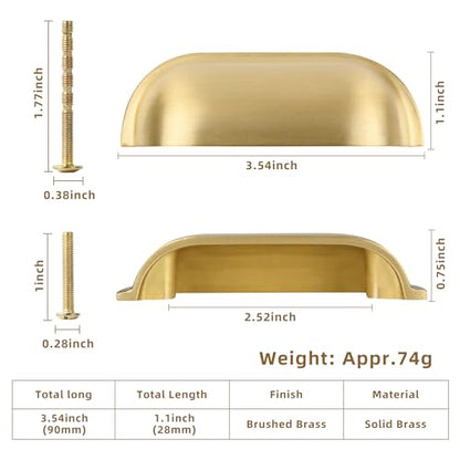 SALISENG-Brushed Matt Gold Cup Kitchen Drawer Pulls 2 Pack, 2-1/2 Inch Small Solid Brass Knobs for Cabinet Cupboard Wardrobe, Flat Dresser Vanity Door Handles, Brass Furniture Hardware Pull - color: Brushed Brass, style: 2 Pack