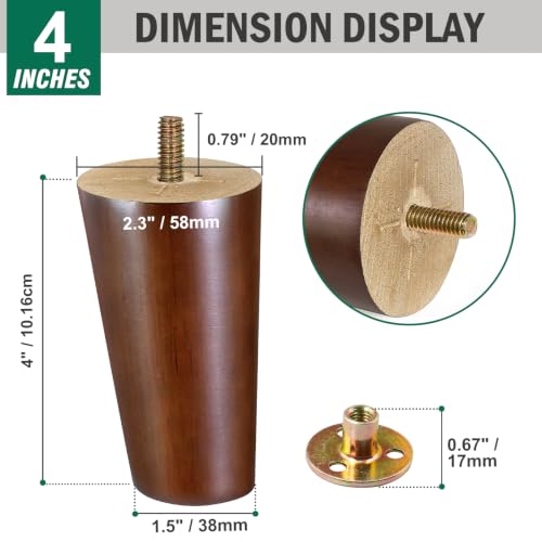 FoDau770 Rubber Wood Legs 4", Slant Taper, 5/16"-18 Thread, Brown, 8pcs - color: Brown, size: 4 Inch - Slanted (80°)