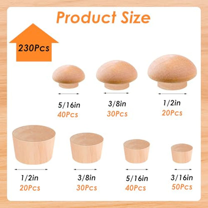 Tnisesm 230Pcs Wood Plugs 1/2" 3/8" 5/16" 3/16" Hole Plugs Button Plugs 2 Styles Button Screw Covers Assortment Kit Mushroom & Flush Wood Caps - color: 230pcs-cone&mushroom Shaped