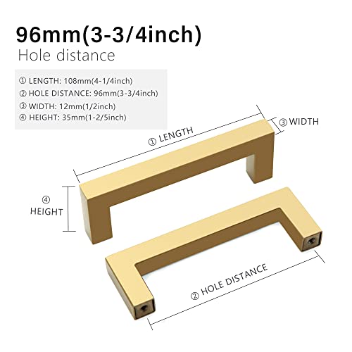 Cabinet Pulls Gold Cabinet Handles Square Drawer Pulls, 30 Pack 3-3/4 Inch Stainless Steel Kitchen Door Cupboard Cabinet Handles, Drawer Hardware Handles, 96mm Hole Centers - color: Gold, size: Two Hole - 3-3/4 inch Hole Centers(96mm)