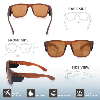 Safety Glasses ANSI Z87.1 - Anti-Fog Impact Resistant Protective Eyewear for Men & Women - Removable Side Shields - color: Tea Brown / Brown Lenses