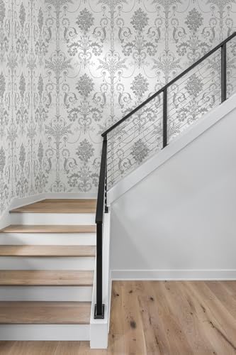 Silver Gray Removable Wallpaper Damascus Floral Peel and Stick Wallpaper - color: Silver/Gray, size: 17.3" x 197"