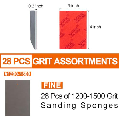 28 Pcs 1200-1500 Grit Sanding Sponge,Ultra Fine Sandpaper,Soft Foam Hand Sander Block Wet Dry Sanding Pads for Automobile Wood Furniture Metal Drywall Polishing - style: 1200-1500 Grit 28PCS