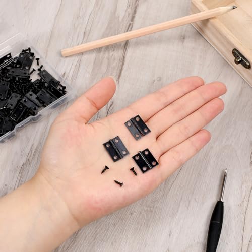 50 Sets Small Hinges with Screws, 18 X 15mm Black Metal Mini Hinges for Crafts Jewelry Box Hinge with 200 Screws, Retro Jewelry Folding Butt Tiny Hinge Hardware for DIY Crafts Wood Picture Frame