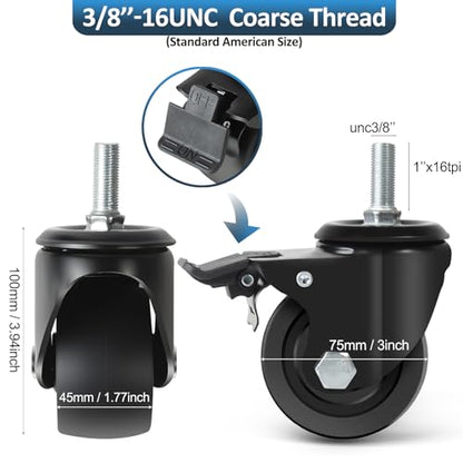 3 inch Stem Caster Wheels 4400lbs, Threaded Stem Casters Set of 4 Heavy Duty, UNC 3/8"-16x1, Swivel Casters for Cart, Furniture, Locking Industrial Castors for Workbench, Table - style: 3/8"-16x1"