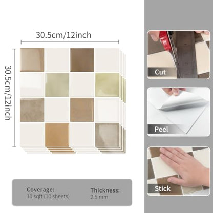 MOONFUN 10 Sheets Upgraded Thicker Design Tile Peel and Stick Backsplash - color: Beige