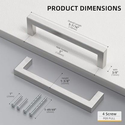 Goldenwarm Brushed Nickel Cabinet Pulls 30 Pack 5 Inch, Square Drawer Handles, Stainless Steel, Screws Included, Silver Kitchen Hardware for Cupboard Closet Furniture Upgrade - size: 5In(128MM) Hole Centers