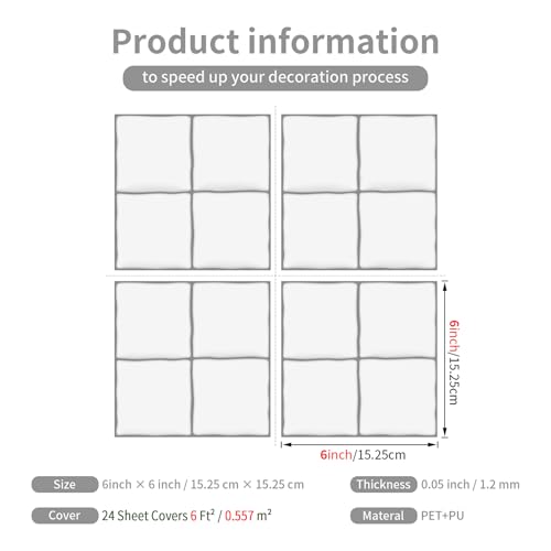 24 Sheets Pure White 6"x6" Peel and Stick Subway Tile Backsplash - color: Pure White, size: 24 Pcs 6" x 6" x 0.05"