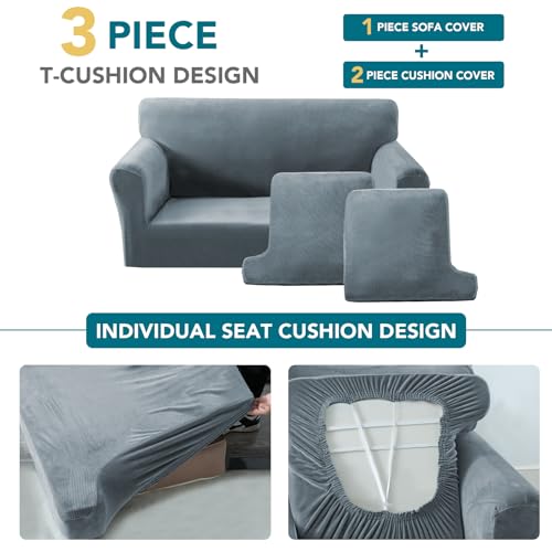 Sofa Cover 3 Piece T Cushion Loveseat Covers for 2 Cushion Couch Thick Velvet Couch Cover Stretch Furniture Covers with 2 Individual T Cushion Covers, Washable (2 Cushion Loveseat, Stone Blue) - color: Stone Blue, size: Loveseat (2 Cushion)