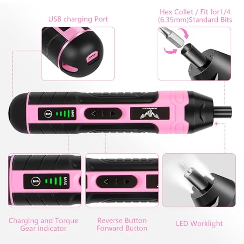 3.6V Electric Screwdriver Rechargeable, Cordless Screwdriver - color: Pink-21pcs