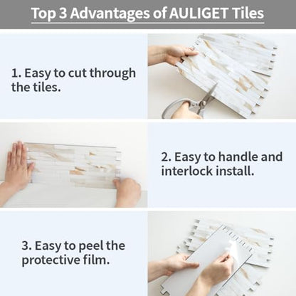 AULIGET 20 Sheets Calacatta Gold Peel and Stick Backsplash, PVC Mixed Metal Silver Wall Tile Stick on Backsplash for Kitchen and Bathroom - color: Calacatta Gold + Metal Silver, size: 20 Sheets, 6"x12"x0.12"