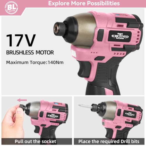 140Nm 17V Brushless Impact Screwdriver with 2 Batteries (Pink) - color: Pink, size: 17V Brushless Screwdriver