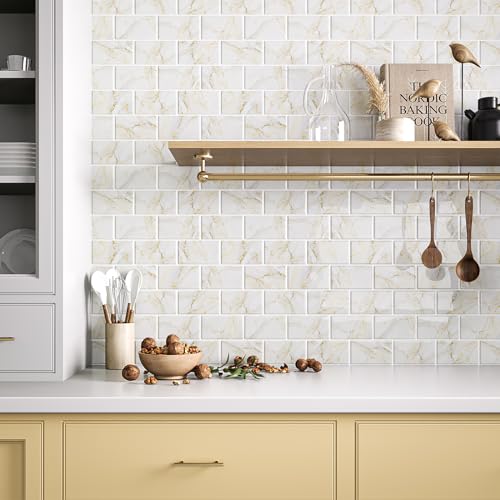 VEELIKE Gold Marble Subway Tile Peel and Stick Backsplash for Kitchen Back Splash Tile Stickers 6-Sheets Adhesive Stick on Backsplash Peel and Stick for Bathroom Renter Friendly Wall Tiles 12''x12'' - size: Box of 6 Tiles