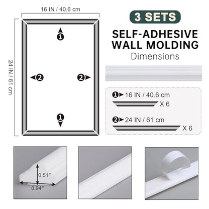 Melkus Peel and Stick Wall Molding Kit, 3 Sets 16"x24" Precut Wainscoting Panels, Self Adhesive Molding Trims for Interior Wall Décor - size: 3 Set/16"x24"
