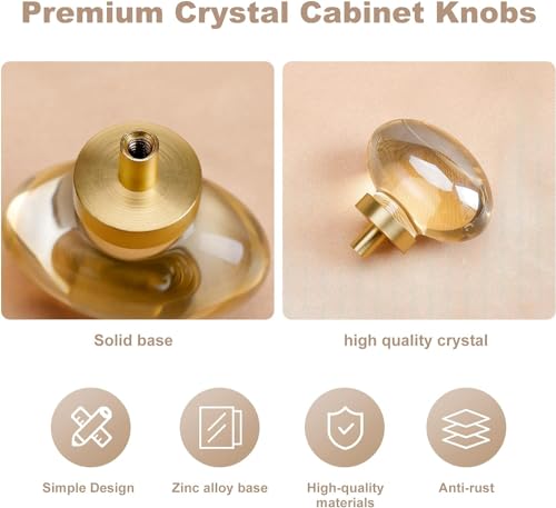 16 Pack Gold Champagne Crystal Cabinet Knobs, Oval Glass Knobs for Dresser Drawers, Brass Furniture Hardware Pulls - color: Champagne Crystals+Gold Base, size: 16 Pack