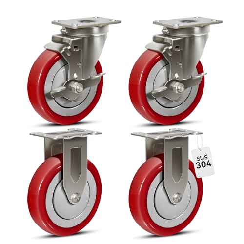 5" Caster Wheels, Stainless Steel Casters Set of 4 Heavy Duty, Anti-Corrosion Polyurethane Industrial Caster Wheels for Cart (2 Brake& 2 Rigid) - style: 2 Brake&2 Rigid
