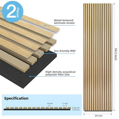 Art3d Acoustic Wood Slat Panels 94.5"x24", 2-Pack, 31sq.ft, Oak - color: Oak