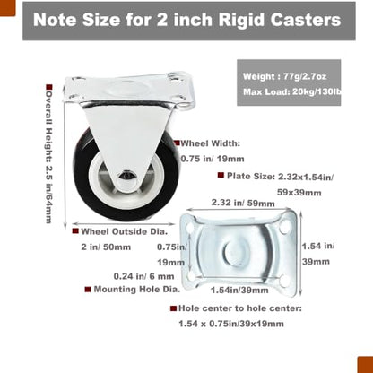 2" Rigid Plate PVC Casters,No Bearing,Max 20kg Load,6 PCS-Black - color: Black, size: 2 inch