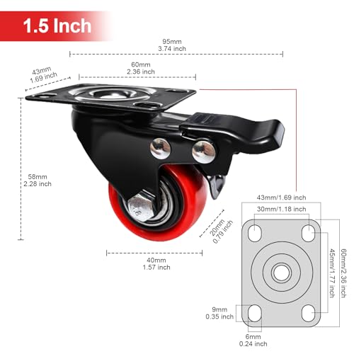 1.5" Caster Wheels,1.5 inch Heavy Duty Casters with Brake Set of 4 - size: 1.5 Inch (4 Pack)