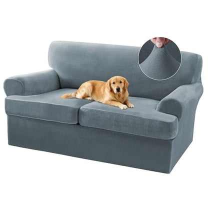 Sofa Cover 3 Piece T Cushion Loveseat Covers for 2 Cushion Couch Thick Velvet Couch Cover Stretch Furniture Covers with 2 Individual T Cushion Covers, Washable (2 Cushion Loveseat, Stone Blue) - color: Stone Blue, size: Loveseat (2 Cushion)