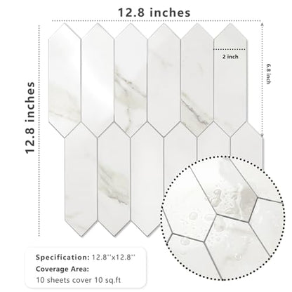 Vamos Tile Glossy White Marble Backsplash Tile Peel and Stick, 12.8 x 12.8 Inch 10 Sheets Long Hexagon PVC Self Adhesive Mosaic Wall Tiles Stick on Backsplash for Kitchen and Bathroom - color: Glossy White Marble