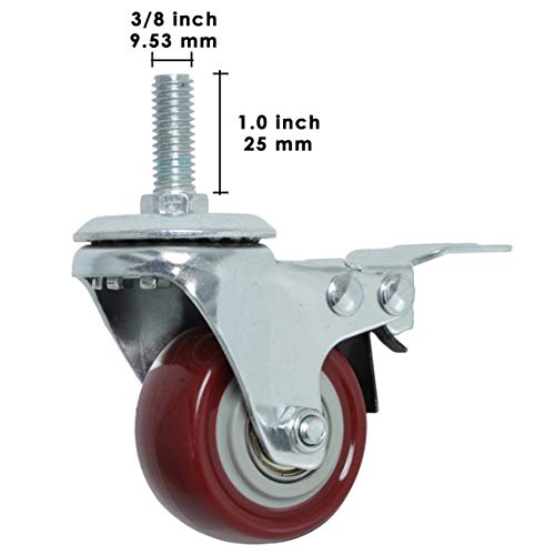Finnhomy Swivel Caster Wheels 2 Inch Heavy Duty Threaded Stem Casters 3/8"-16x1 with Brake Set of 4 Premium Polyurethane Wheels PU Load Bearing 800 Lbs Anti-wear Smooth Casters, Red - style: 2 inch
