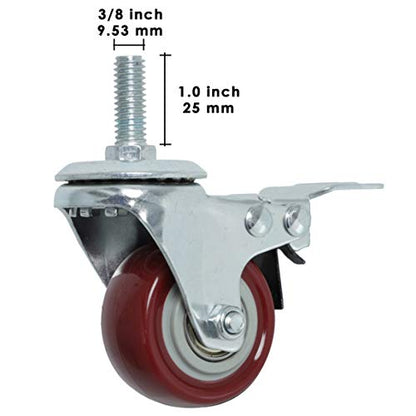 Finnhomy Swivel Caster Wheels 2 Inch Heavy Duty Threaded Stem Casters 3/8"-16x1 with Brake Set of 4 Premium Polyurethane Wheels PU Load Bearing 800 Lbs Anti-wear Smooth Casters, Red - style: 2 inch