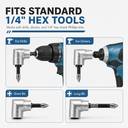 105° Right Angle Drill Adapter Set, 3-Piece 1/4-Inch Hex Shank Screwdriver Attachment with 2 Anti-Slip Phillips Bits for Tight Spaces, Drills and Electric Screwdrivers