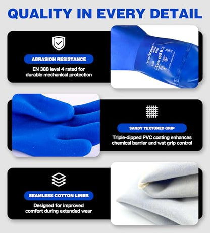 AnTools 25" Heavy-Duty PVC Chemical Gloves, Waterproof Long-Sleeve Work Gloves with Cotton Liner and Non-Slip Grip, for Lab, Pool Cleaning, Oil, and Industrial Work, Blue, Large