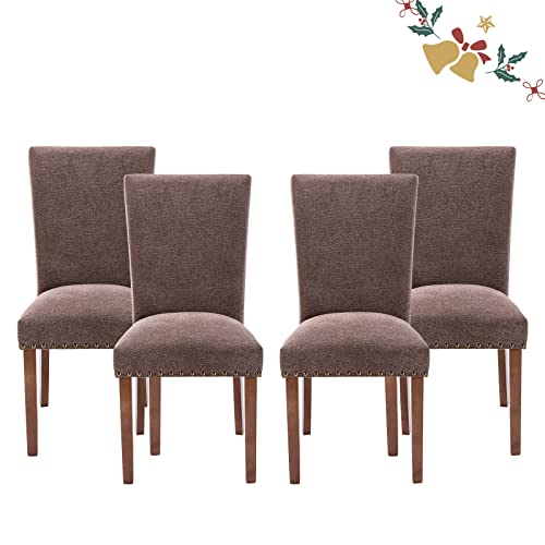 Parsons Dining Chairs Set of 4, Upholstered Nailhead Dining Room Kitchen Side Chair with Thick Cushions and Wood Legs, Brown - color: Brown, size: set of 4