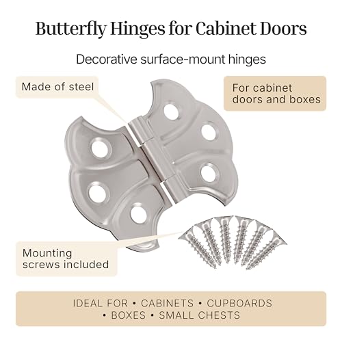 Polished Nickel Butterfly Hinges - 2" x 1-7/16" - Pack of 2 - Surface Mount Hinges for Cabinet Doors and Boxes - UA-262-HPN (1) - color: Nickel