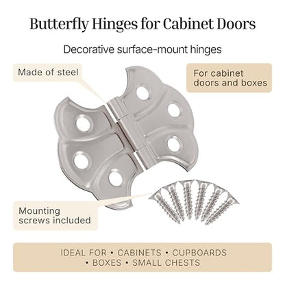 Polished Nickel Butterfly Hinges - 2" x 1-7/16" - Pack of 2 - Surface Mount Hinges for Cabinet Doors and Boxes - UA-262-HPN (1) - color: Nickel