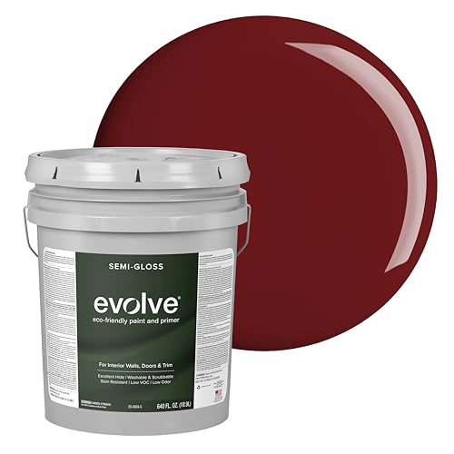 Evolve Interior Paint & Primer, Four Sheens, 1-Gallon & 5-Gallon, Designer Curated Color Palette – One-Coat Coverage, Excellent Hide, Low VOC, Low Odor, Washable Paint for Walls, Ceilings & Trim - Semi-Gloss Sheen (Burgundy, 5-Gallon (640 fl. Oz.)) - colo