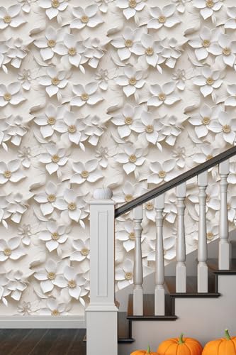 Peel and Stick Wallpaper Cream White Floral Feature - color: Cream&yellow, size: 17.7" x 393.7"