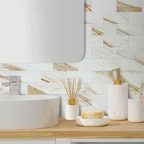 AULIGET 100-Piece Calacatta Gold Marble Look Peel and Stick Backsplash Wall Tiles, 3" x 6" Faxu Stone PVC Stick on Tile for Backsplash Kitchen, Bathroom, Laundry Room, Camper, Fireplace - color: Calacatta Gold