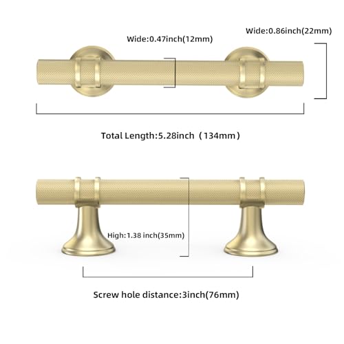 20 Pack 3 Inch Brushed Gold Kitchen Cabinet Handles - color: Brushed Gold Knurled, size: 3'' Hole Center(76mm)